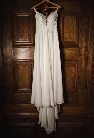 Brautkleid hängt an einer alten Holztür – Hochzeit von Romana & Remo